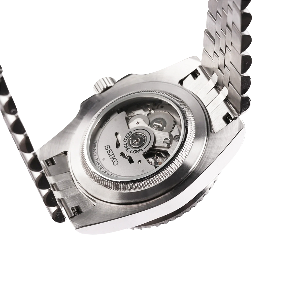 Seiko mod datejust horloge met parelmoer wijzerplaat, goudkleurige bezel en two-tone jubilee band