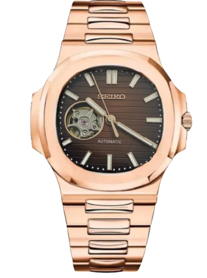 Seiko automatic open heart horloge in roségoud met zichtbare balans en stalen band