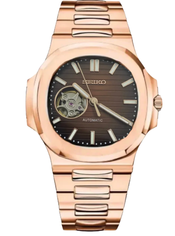 Seiko automatic open heart horloge in roségoud met zichtbare balans en stalen band