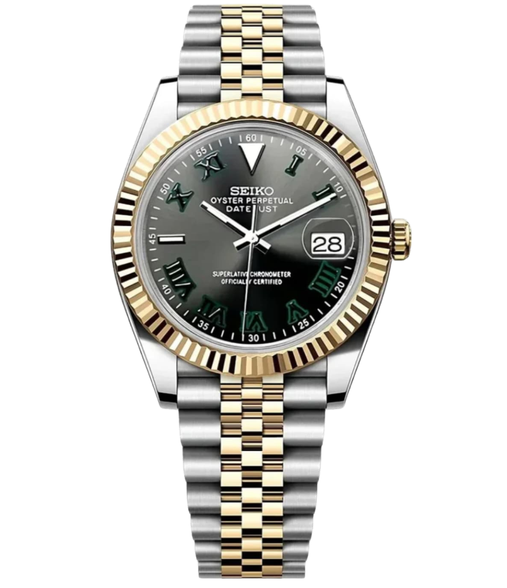 Seiko Datejust stijl horloge met goud-zilveren band, groene wijzerplaat en Romeinse cijfers