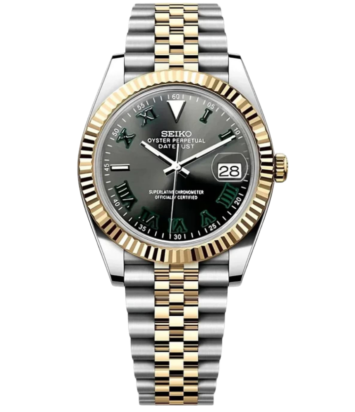 Seiko Datejust stijl horloge met goud-zilveren band, groene wijzerplaat en Romeinse cijfers
