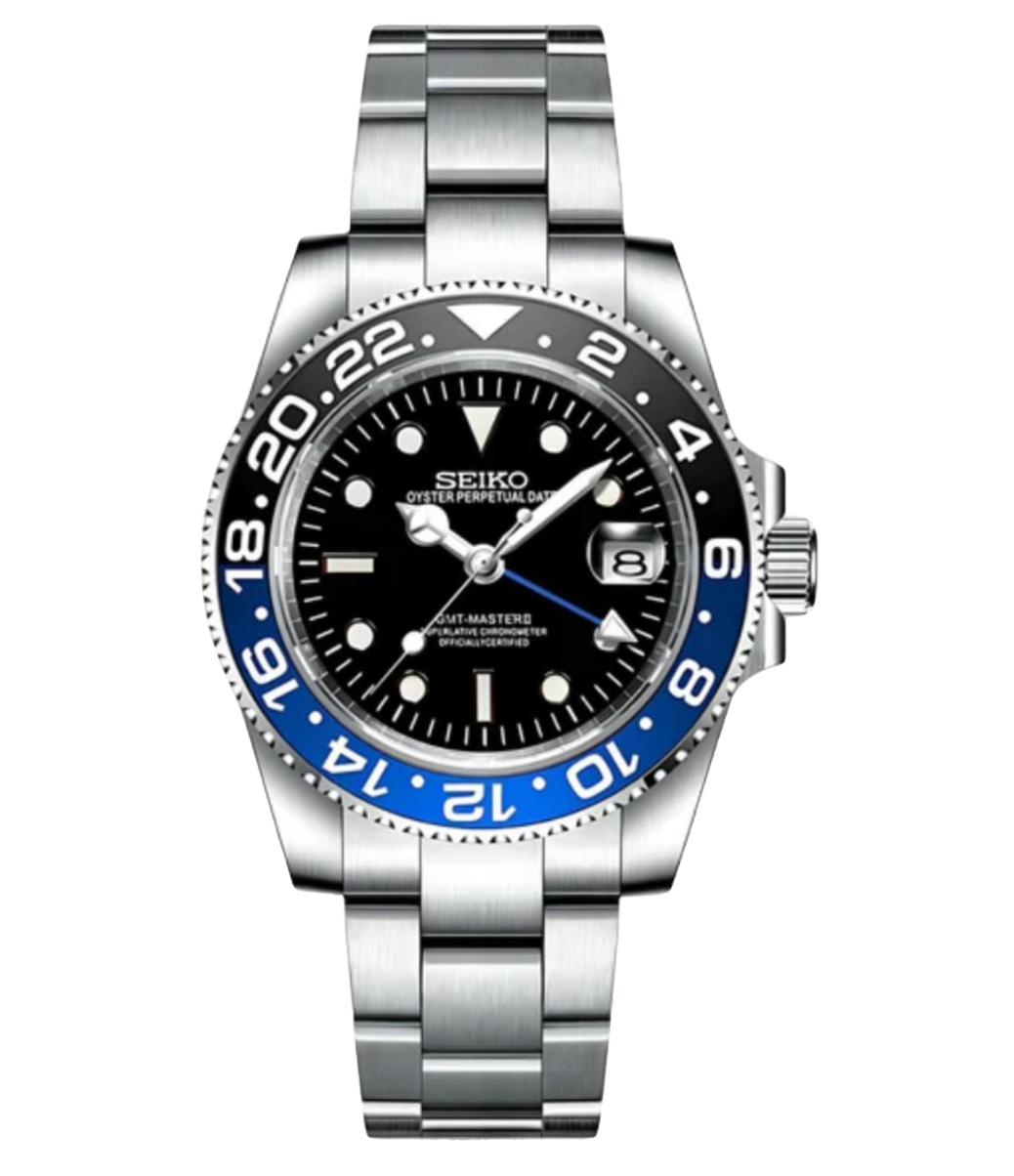 Seiko GMT Master horloge met blauw-zwarte bezel en roestvrijstalen Oyster band