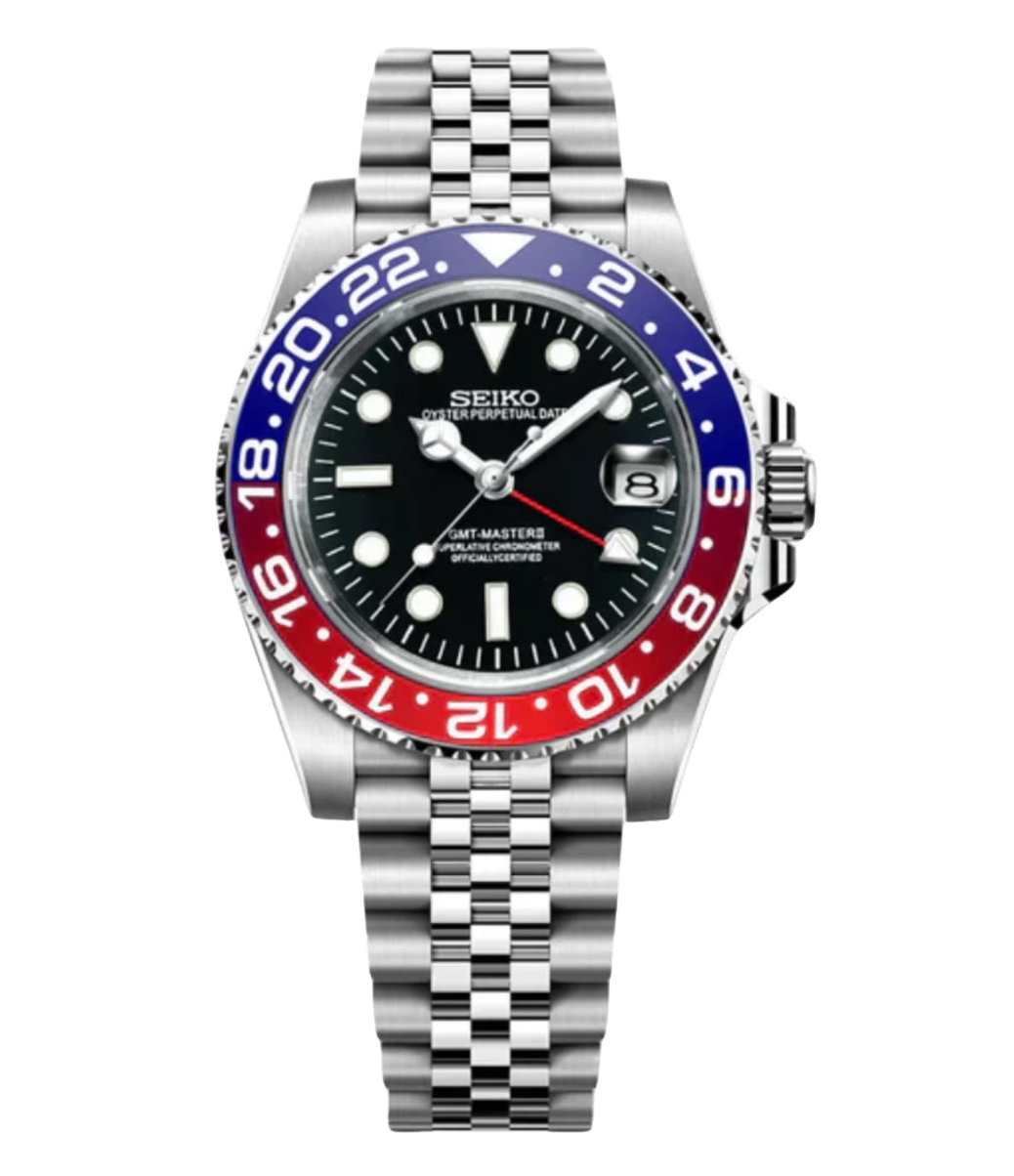Seiko GMT Master horloge met Pepsi bezel, zwarte wijzerplaat en roestvrijstalen Jubilee band