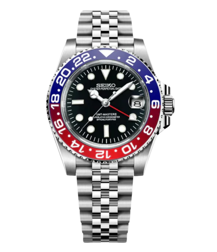 Seiko GMT Master horloge met Pepsi bezel, zwarte wijzerplaat en roestvrijstalen Jubilee band
