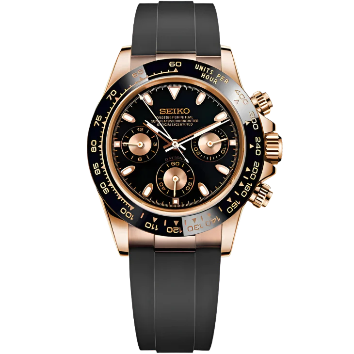 Seiko mod chronograaf horloge met zwarte wijzerplaat, roségouden kast en zwarte rubberen band