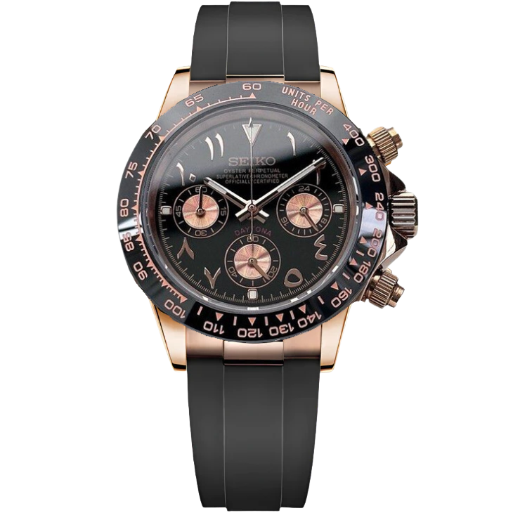 Seiko mod chronograaf horloge met zwarte wijzerplaat, roségouden kast en zwarte rubberen band