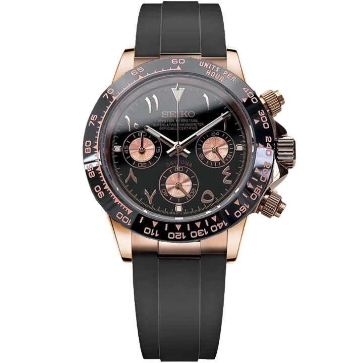 Seiko mod chronograaf horloge met zwarte wijzerplaat, roségouden kast en zwarte rubberen band