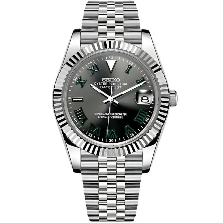 Seiko mod datejust horloge met antraciet wijzerplaat, groene romeinse cijfers en stalen jubilee band