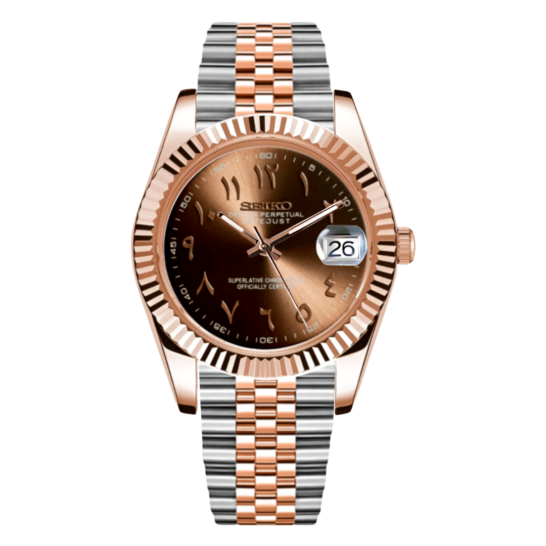 Seiko mod datejust horloge met bruine wijzerplaat, roségouden kast en two-tone jubilee band