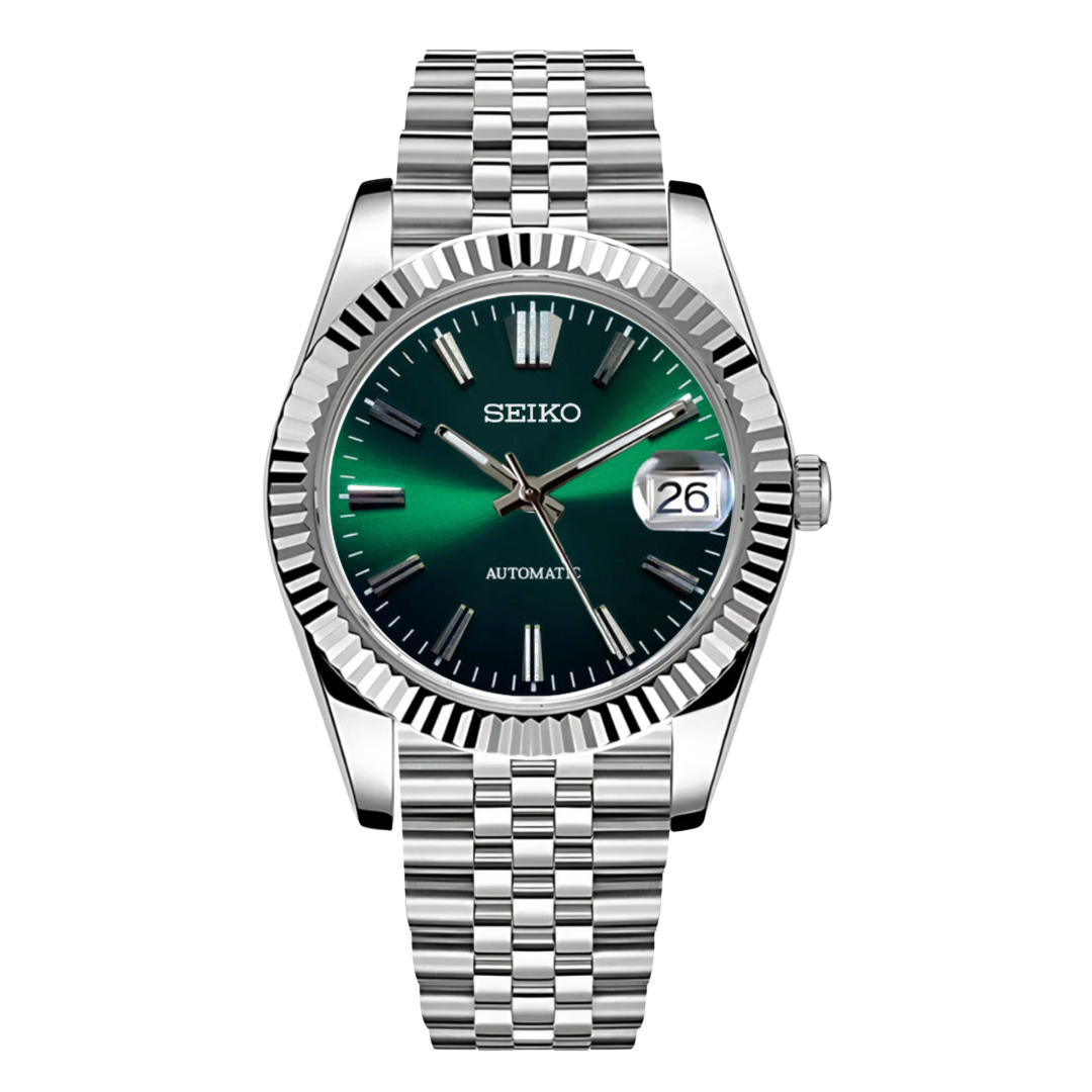 Seiko mod datejust horloge met groene wijzerplaat en stalen jubilee band