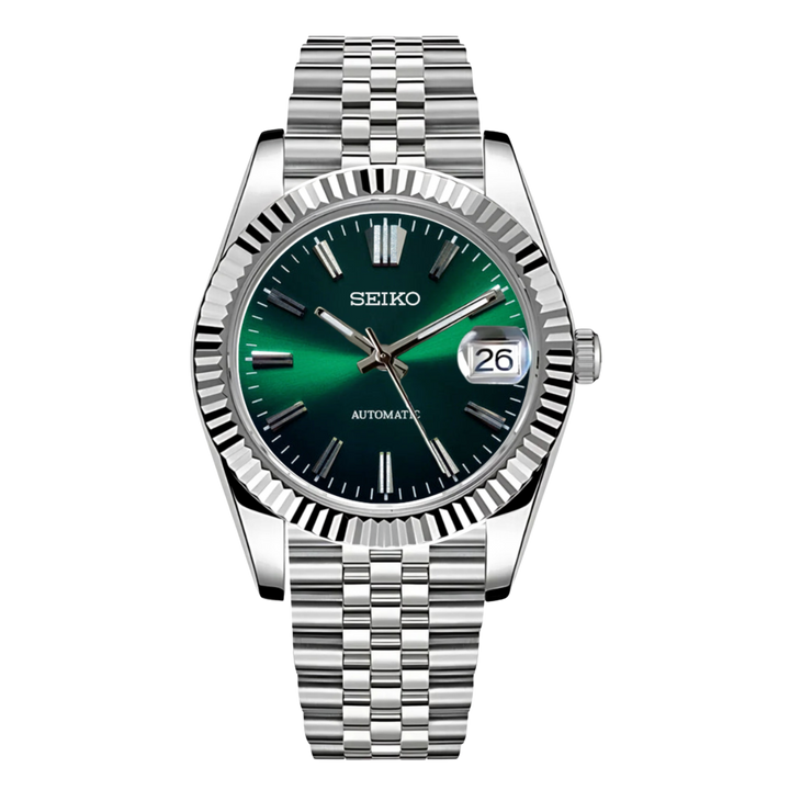 Seiko mod datejust horloge met groene wijzerplaat en stalen jubilee band