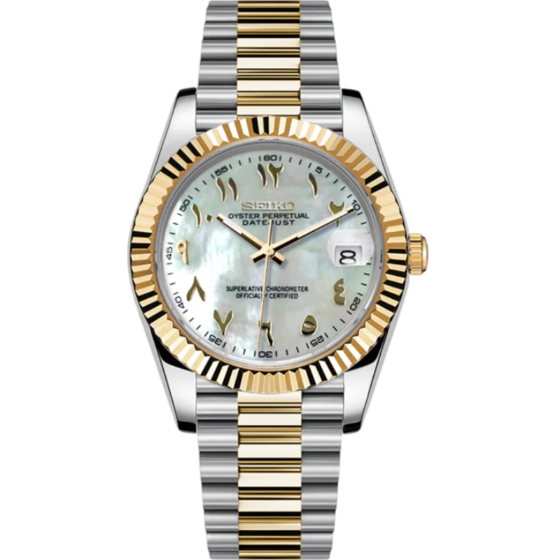 Seiko mod datejust horloge met parelmoer wijzerplaat, goudkleurige bezel en two-tone jubilee band