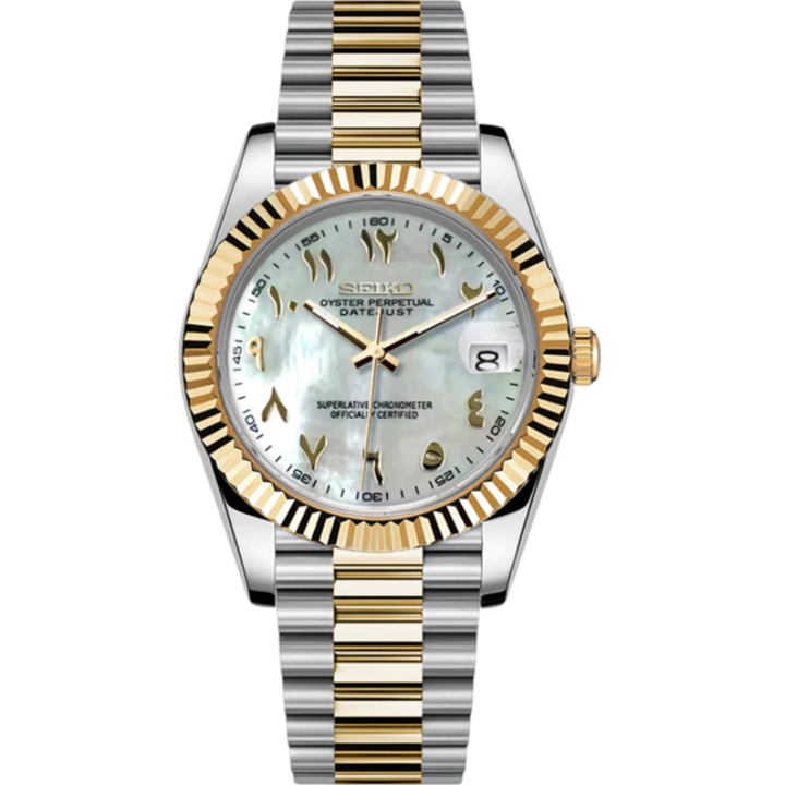 Seiko mod datejust horloge met parelmoer wijzerplaat, goudkleurige bezel en two-tone jubilee band