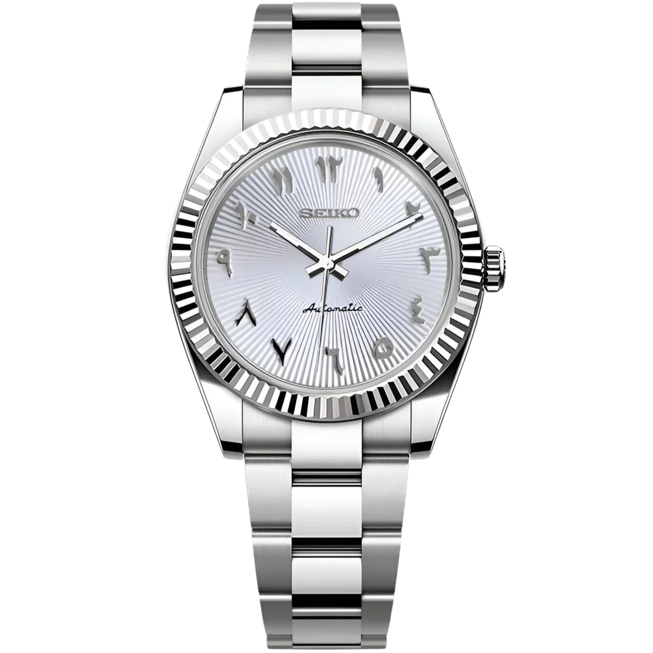 Seiko mod datejust horloge met zilverkleurige wijzerplaat, arabische cijfers en stalen oyster band