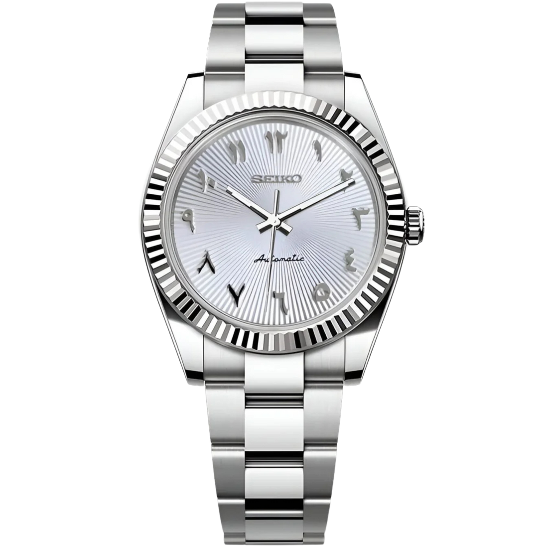Seiko mod datejust horloge met zilverkleurige wijzerplaat, arabische cijfers en stalen oyster band