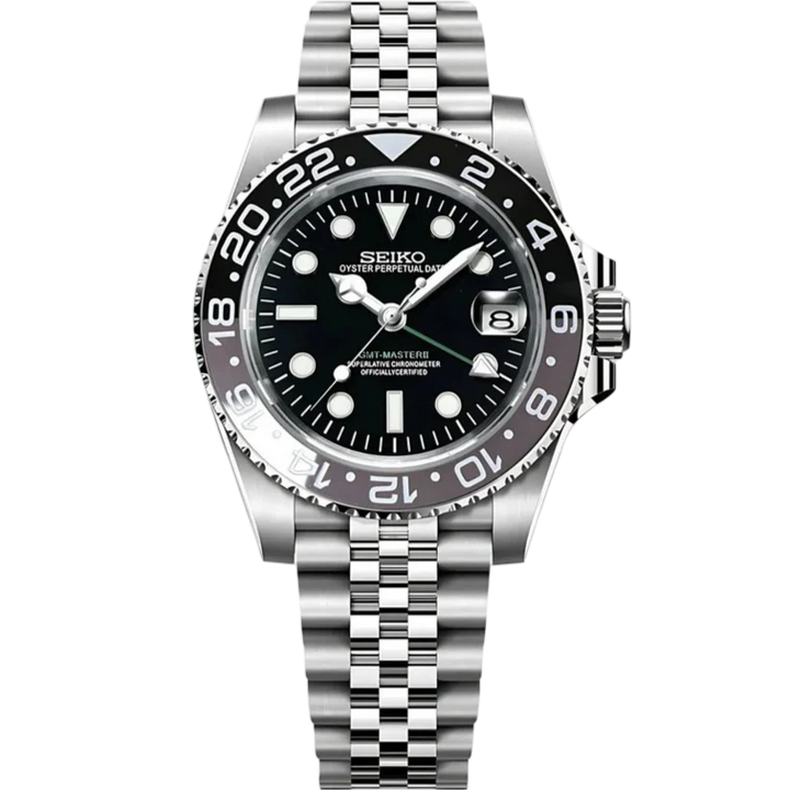 Seiko mod GMT diver horloge met zwarte wijzerplaat, GMT bezel en stalen jubilee band