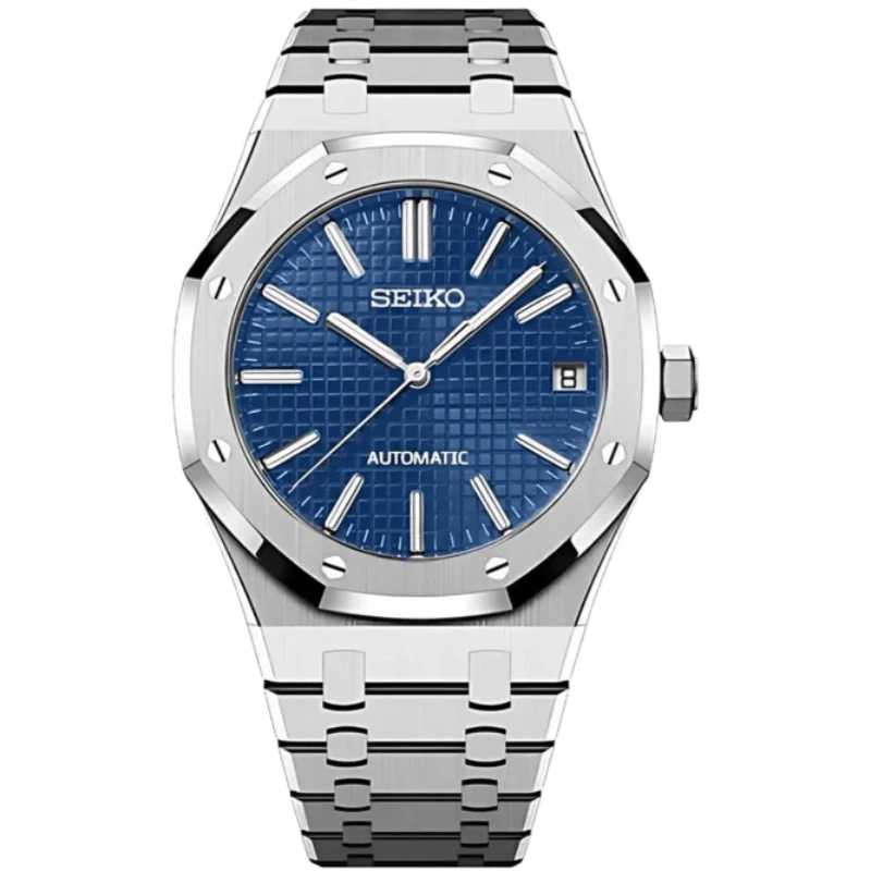 Seiko mod nautilus horloge met blauwe textured wijzerplaat en stalen band