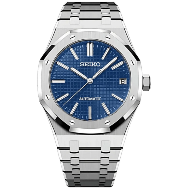 Seiko mod nautilus horloge met blauwe textured wijzerplaat en stalen band